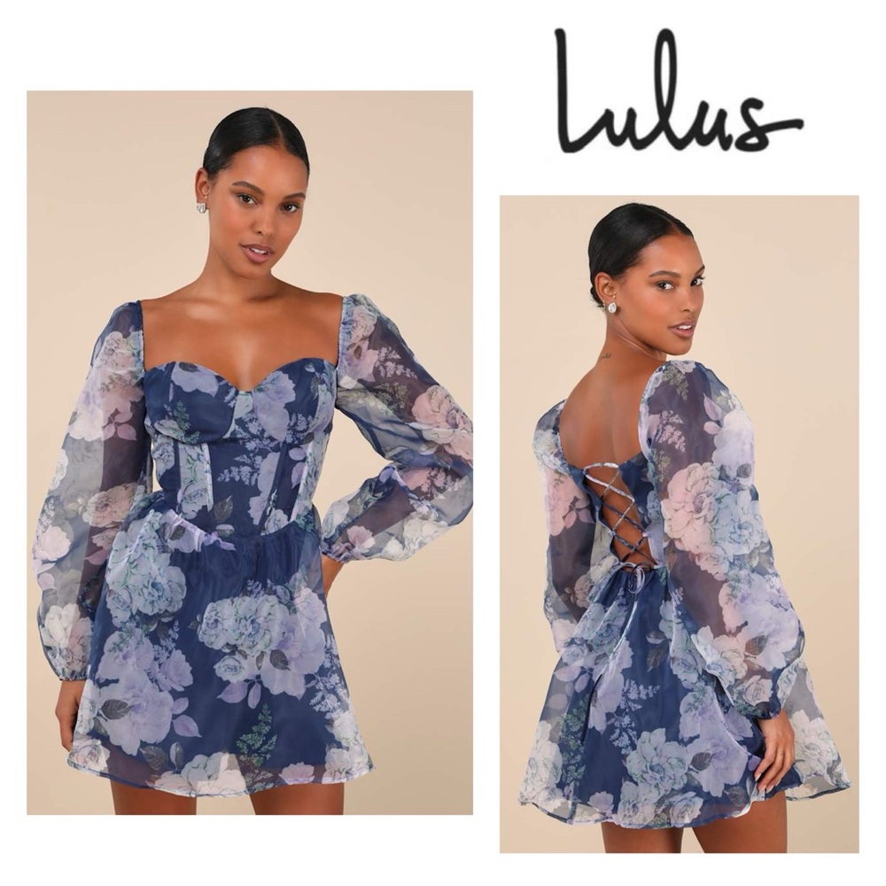 NEW LULUS Positively Enchanting Blu Floral Organza Bustier Mini Fairy Coquette S